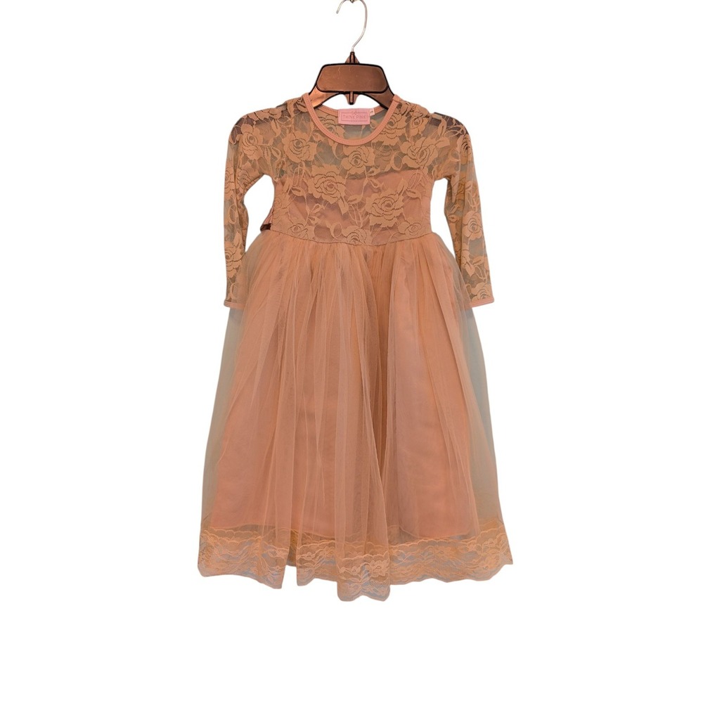 Think Pink Bow Girls 3 Dress Sleeves Long Pink / Beige Lace Embroidery. See Pics